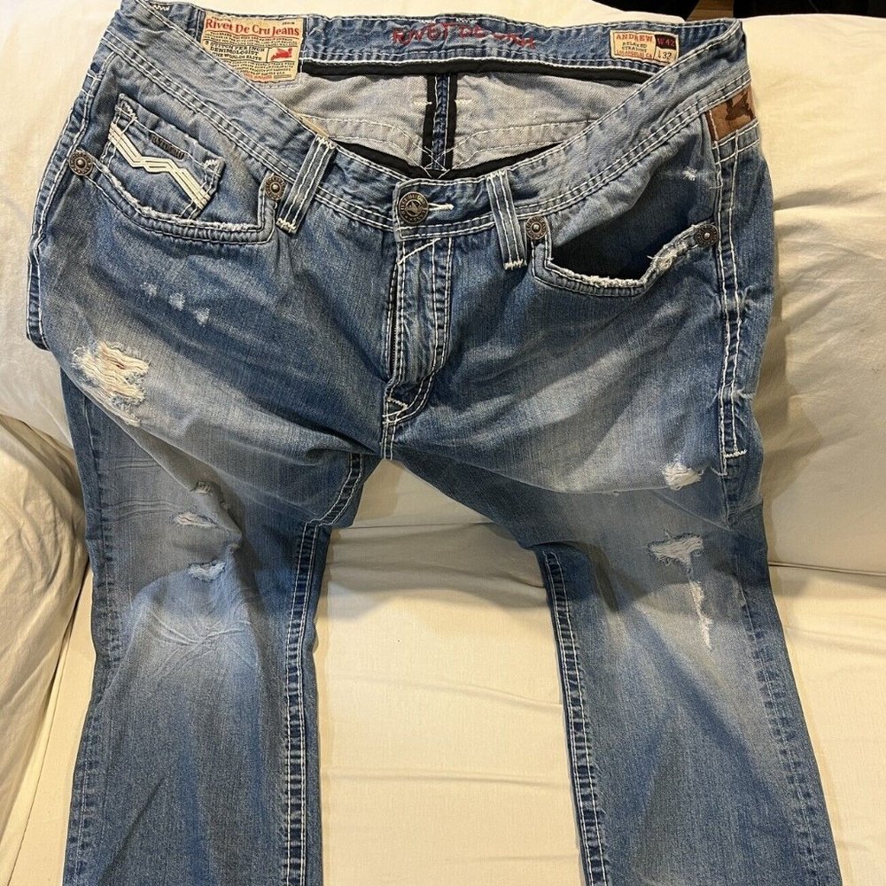 Rivet De Cru Jeans - Relaxed Straight Fit Blue Jeans 42x32 Distressed